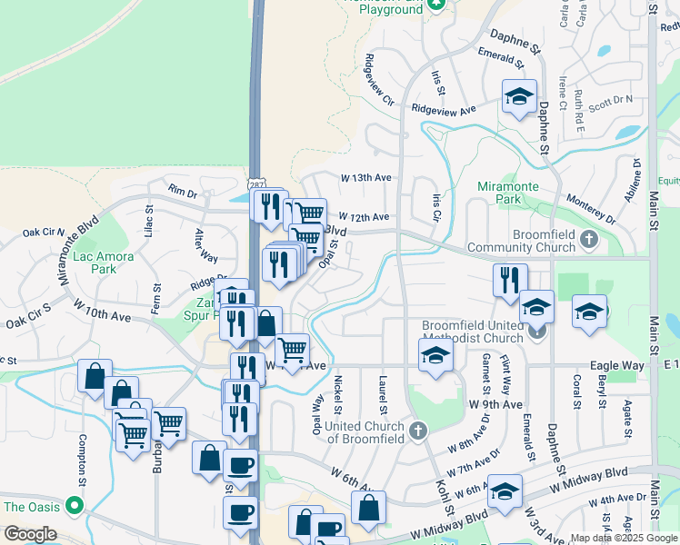 map of restaurants, bars, coffee shops, grocery stores, and more near 1136 Opal Street in Broomfield