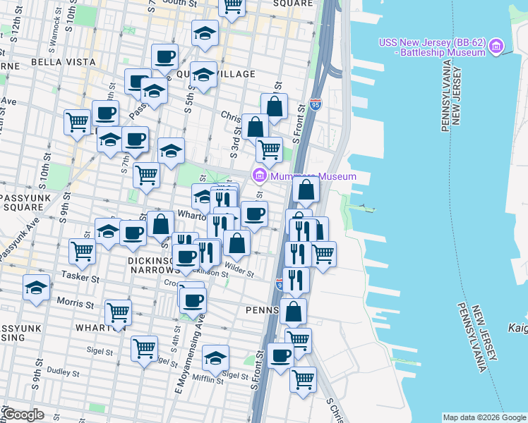 map of restaurants, bars, coffee shops, grocery stores, and more near 119 Wharton Street in Philadelphia