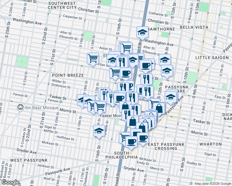 map of restaurants, bars, coffee shops, grocery stores, and more near 1517 South 15th Street in Philadelphia
