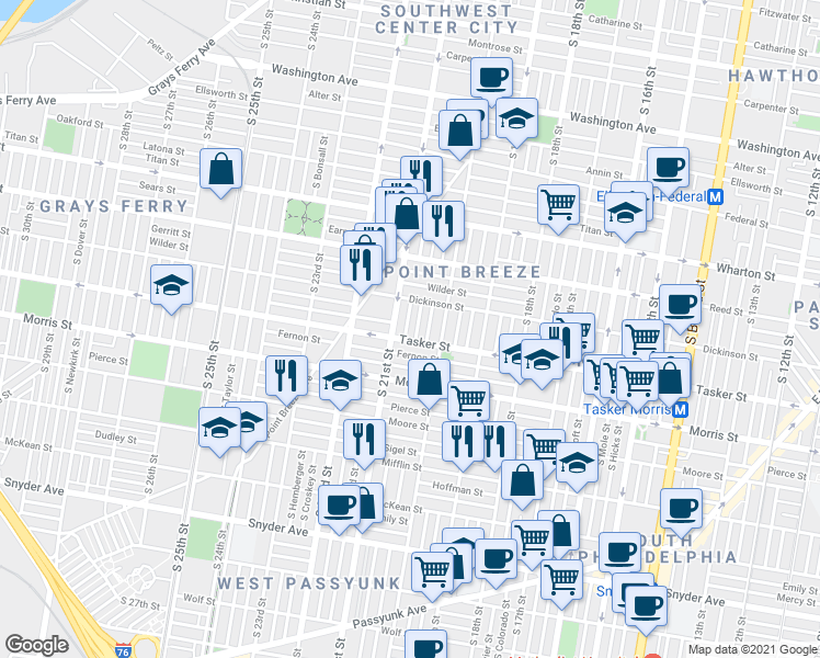 map of restaurants, bars, coffee shops, grocery stores, and more near in Philadelphia