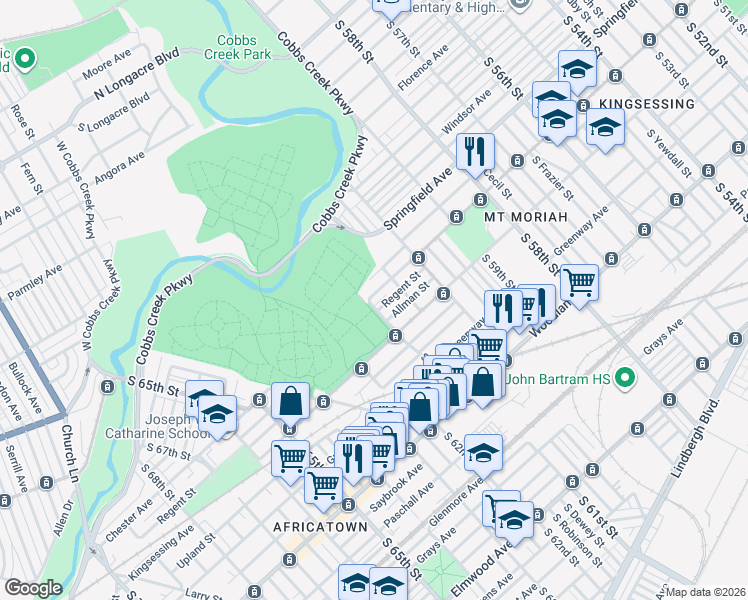 map of restaurants, bars, coffee shops, grocery stores, and more near 6085 Regent Street in Philadelphia