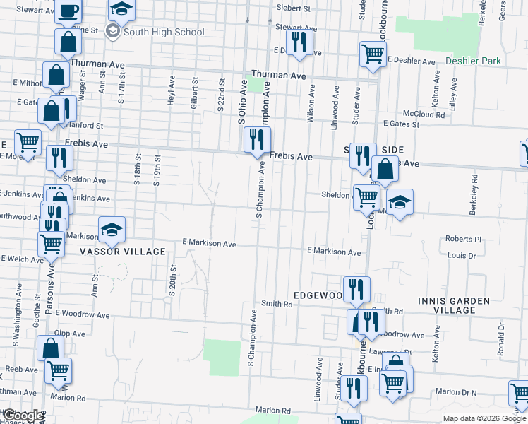 map of restaurants, bars, coffee shops, grocery stores, and more near 1632 South Champion Avenue in Columbus