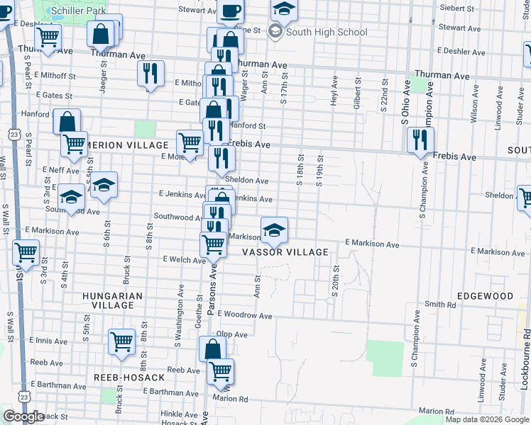 map of restaurants, bars, coffee shops, grocery stores, and more near 530 East Markison Avenue in Columbus