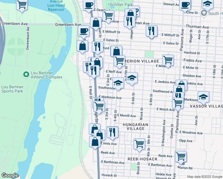 map of restaurants, bars, coffee shops, grocery stores, and more near 80 East Markison Avenue in Columbus