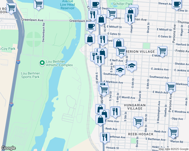 map of restaurants, bars, coffee shops, grocery stores, and more near 20 South Wall Street in Columbus