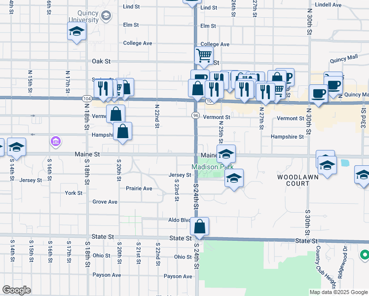 map of restaurants, bars, coffee shops, grocery stores, and more near 2314 Maine Street in Quincy