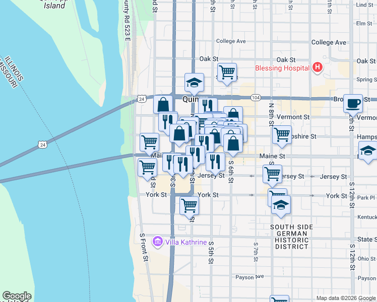 map of restaurants, bars, coffee shops, grocery stores, and more near 57 South 4th Street in Quincy