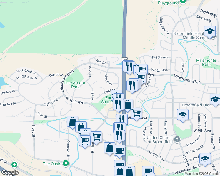 map of restaurants, bars, coffee shops, grocery stores, and more near 2262 Ridge Drive in Broomfield