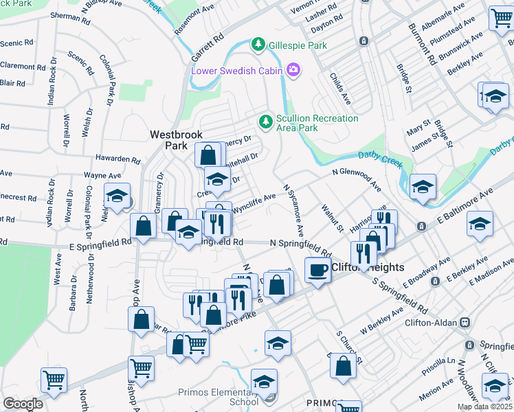 map of restaurants, bars, coffee shops, grocery stores, and more near 220 West Wyncliffe Avenue in Clifton Heights