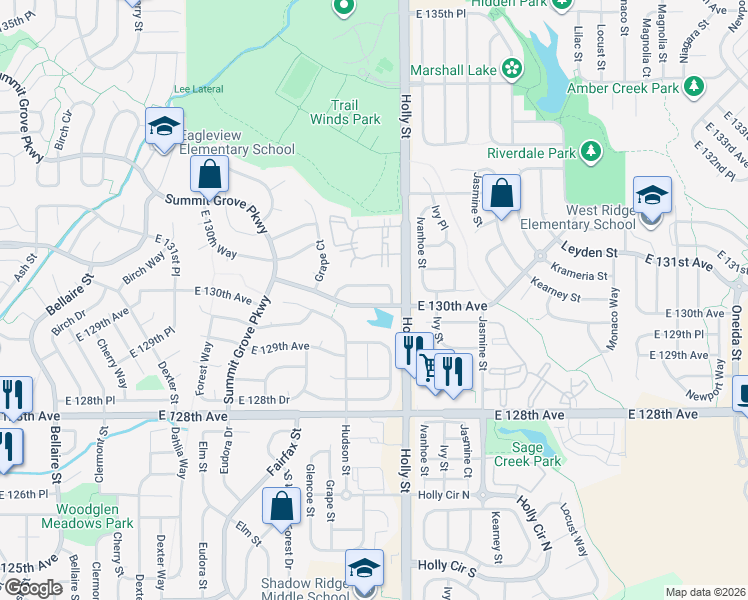 map of restaurants, bars, coffee shops, grocery stores, and more near 5547 East 130th Avenue in Thornton