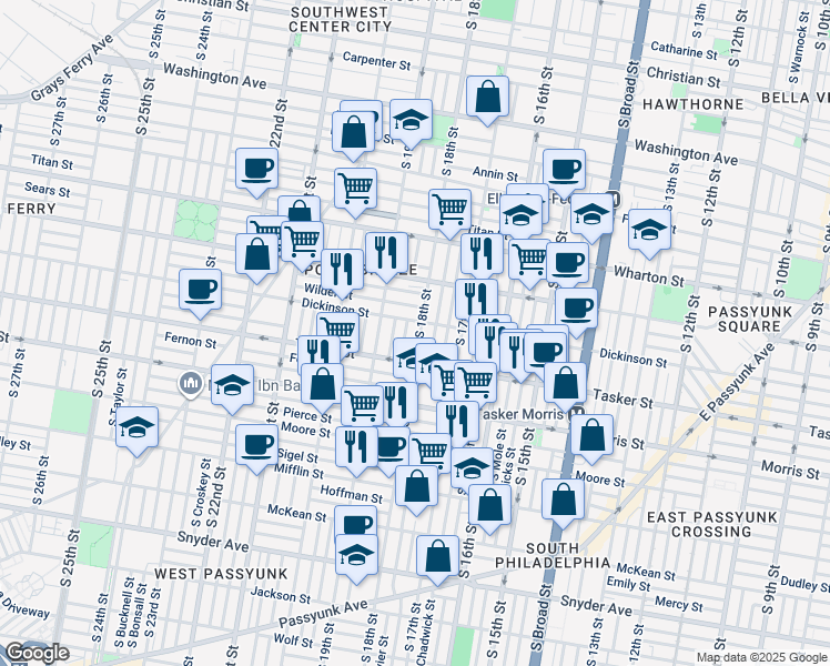 map of restaurants, bars, coffee shops, grocery stores, and more near 1512 South 18th Street in Philadelphia