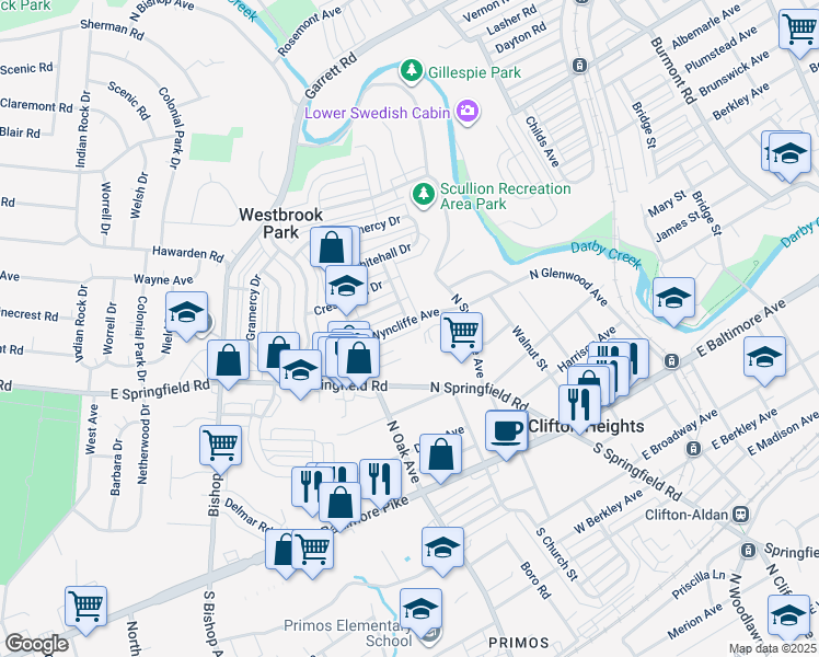 map of restaurants, bars, coffee shops, grocery stores, and more near 220 West Wyncliffe Avenue in Clifton Heights