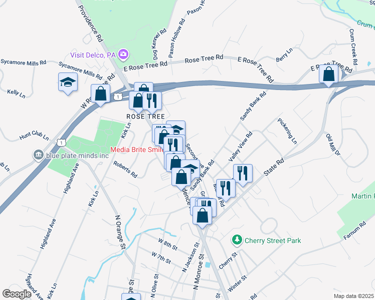 map of restaurants, bars, coffee shops, grocery stores, and more near 1020 Second Avenue in Media
