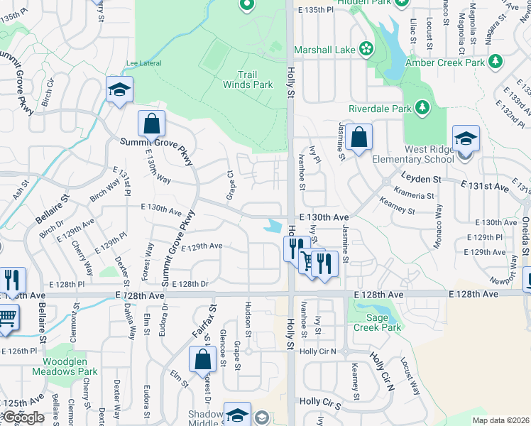 map of restaurants, bars, coffee shops, grocery stores, and more near 5547 East 130th Avenue in Thornton