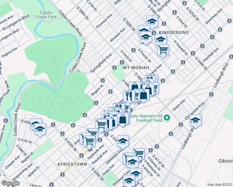 map of restaurants, bars, coffee shops, grocery stores, and more near 2025 South 60th Street in Philadelphia
