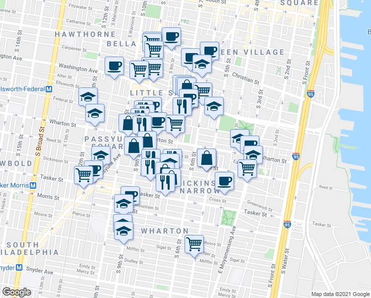 map of restaurants, bars, coffee shops, grocery stores, and more near 627 Sears Street in Philadelphia