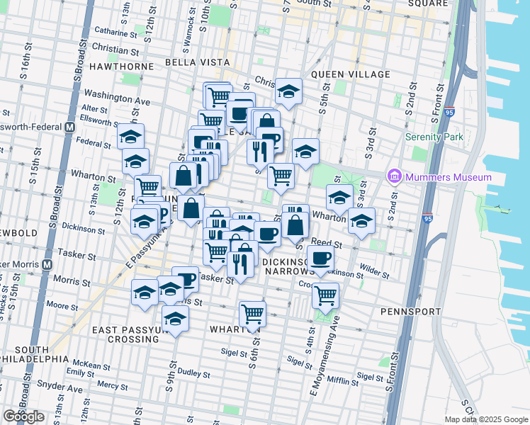 map of restaurants, bars, coffee shops, grocery stores, and more near 627 Sears Street in Philadelphia