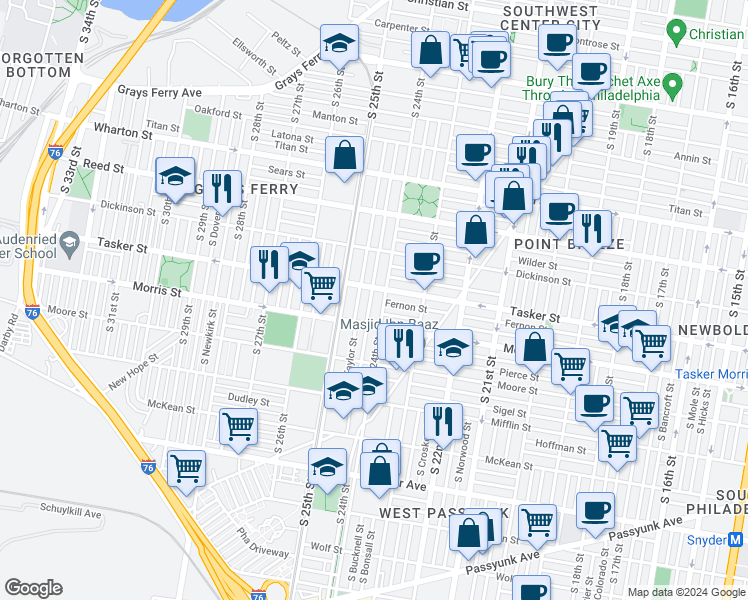 map of restaurants, bars, coffee shops, grocery stores, and more near 1617 South Ringgold Street in Philadelphia