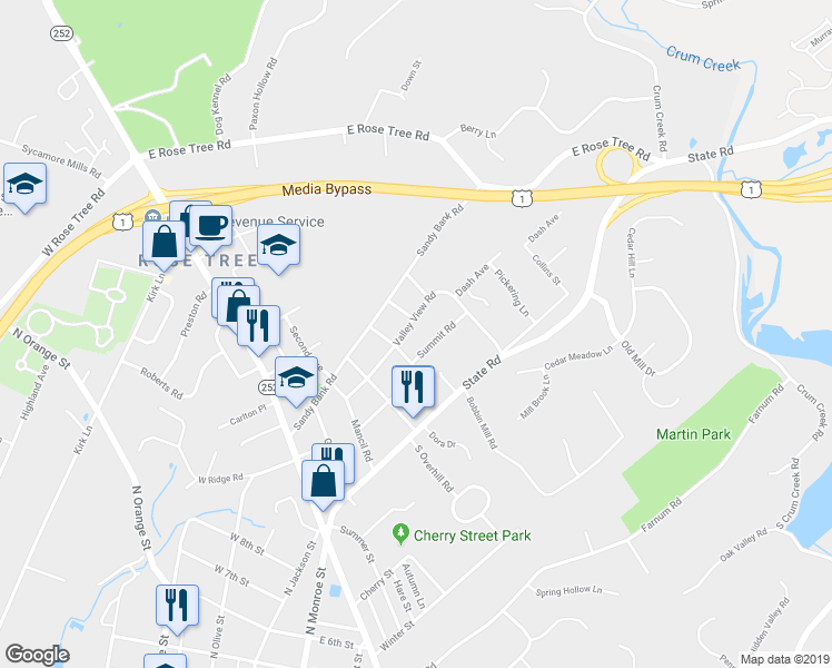 map of restaurants, bars, coffee shops, grocery stores, and more near 317 Valley View Road in Media