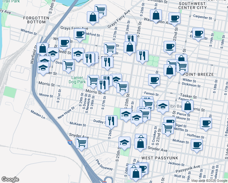 map of restaurants, bars, coffee shops, grocery stores, and more near 1641 South Bailey Street in Philadelphia
