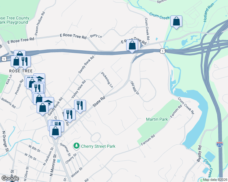 map of restaurants, bars, coffee shops, grocery stores, and more near 35 Cedar Meadow Lane in Media