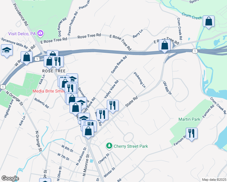 map of restaurants, bars, coffee shops, grocery stores, and more near 317 Valley View Road in Media