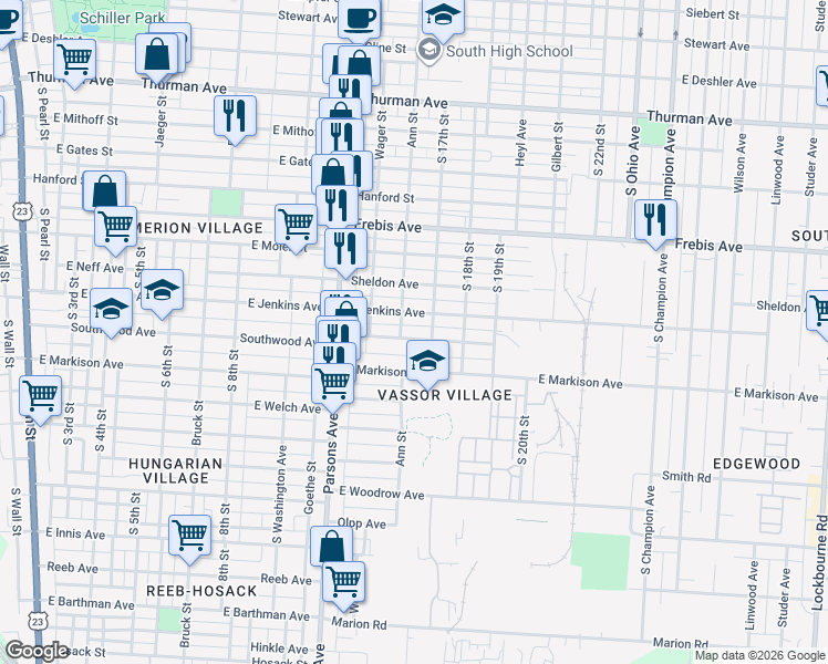 map of restaurants, bars, coffee shops, grocery stores, and more near 530 East Markison Avenue in Columbus