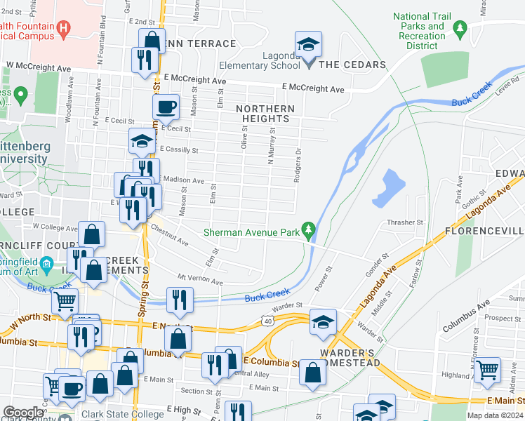 map of restaurants, bars, coffee shops, grocery stores, and more near 614 Stanton Avenue in Springfield