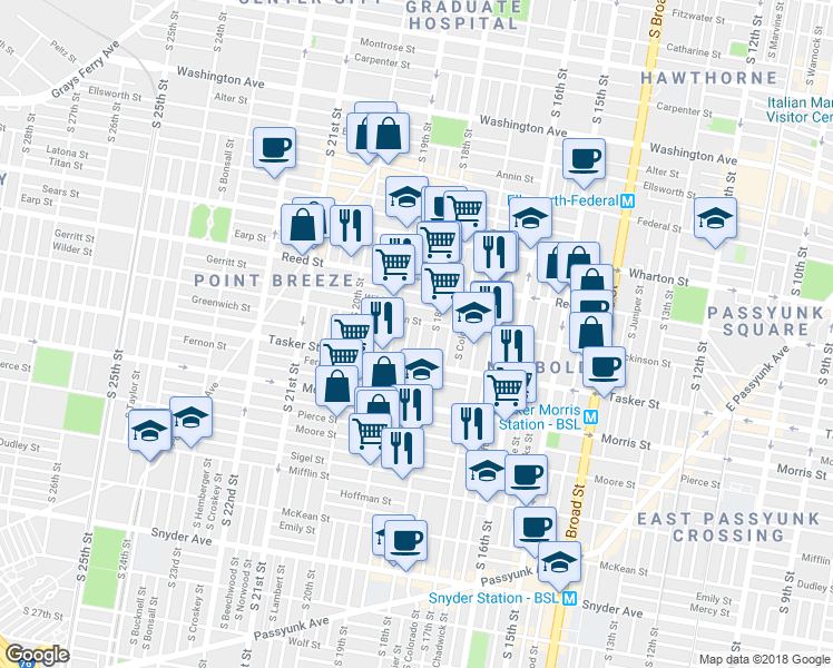 map of restaurants, bars, coffee shops, grocery stores, and more near 1514 South Cleveland Street in Philadelphia
