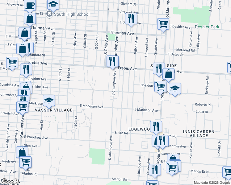map of restaurants, bars, coffee shops, grocery stores, and more near 1632 South Champion Avenue in Columbus