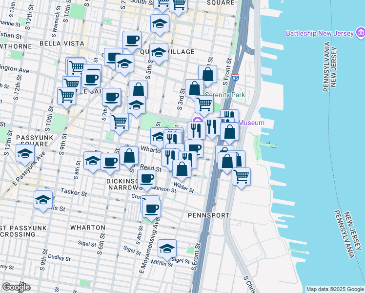 map of restaurants, bars, coffee shops, grocery stores, and more near 1223 East Moyamensing Avenue in Philadelphia