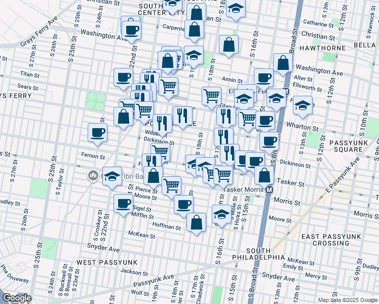 map of restaurants, bars, coffee shops, grocery stores, and more near 1514 South Cleveland Street in Philadelphia