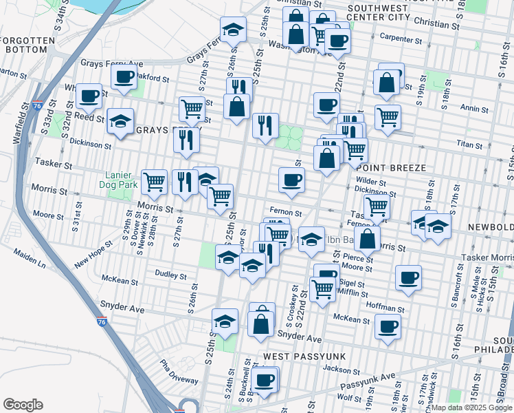 map of restaurants, bars, coffee shops, grocery stores, and more near 1617 South Ringgold Street in Philadelphia