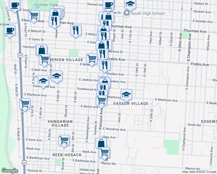 map of restaurants, bars, coffee shops, grocery stores, and more near 478 East Jenkins Avenue in Columbus