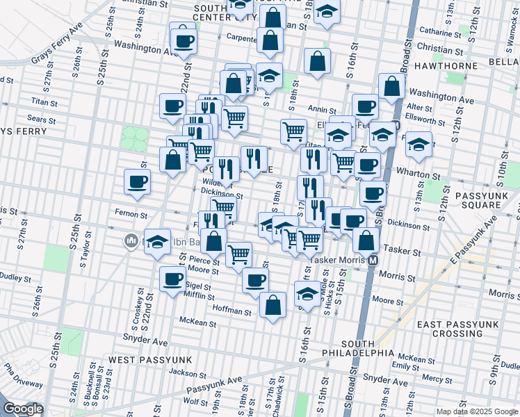 map of restaurants, bars, coffee shops, grocery stores, and more near 1515 Dorrance Street in Philadelphia