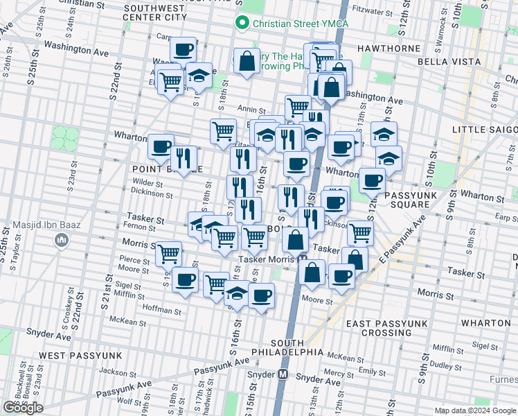 map of restaurants, bars, coffee shops, grocery stores, and more near 1543 Dickinson Street in Philadelphia