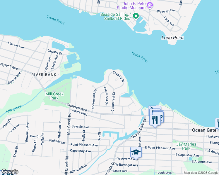 map of restaurants, bars, coffee shops, grocery stores, and more near 52 Cove Road West in Ocean County