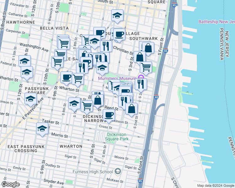 map of restaurants, bars, coffee shops, grocery stores, and more near 332 Titan Street in Philadelphia
