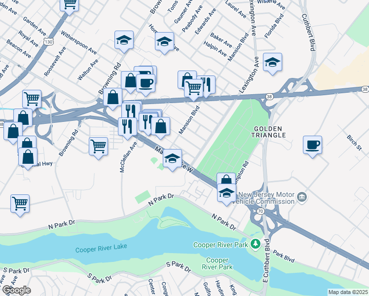 map of restaurants, bars, coffee shops, grocery stores, and more near 5435 Beacon Avenue in Pennsauken Township