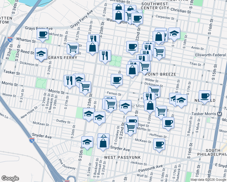map of restaurants, bars, coffee shops, grocery stores, and more near 2300 Greenwich Street in Philadelphia