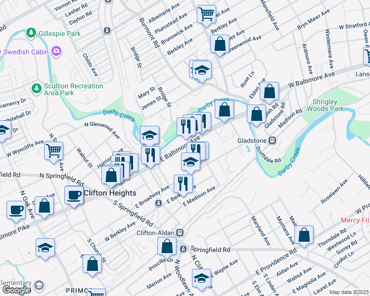 map of restaurants, bars, coffee shops, grocery stores, and more near 440 East Baltimore Avenue in Clifton Heights