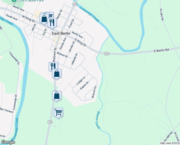 map of restaurants, bars, coffee shops, grocery stores, and more near 112 Branch Circle in East Berlin