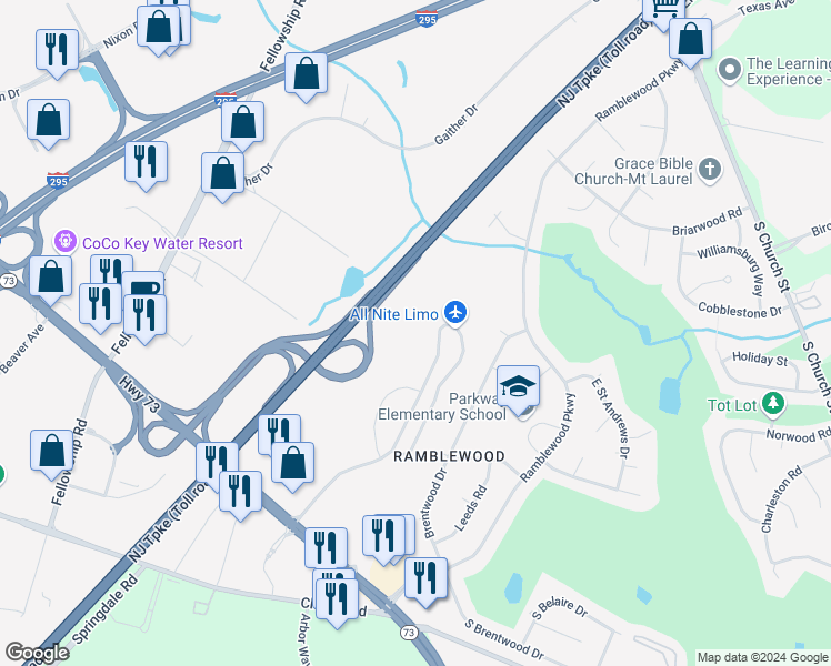 map of restaurants, bars, coffee shops, grocery stores, and more near Deal Drive in Mount Laurel