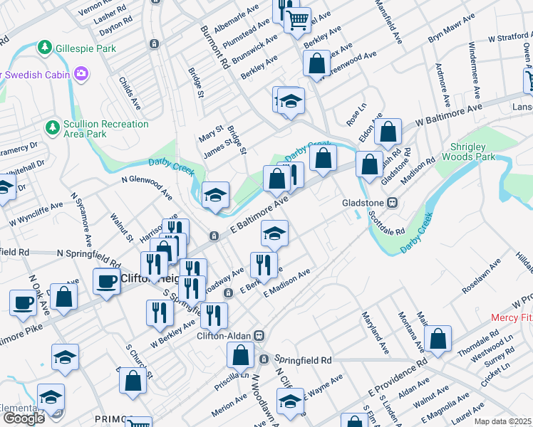 map of restaurants, bars, coffee shops, grocery stores, and more near 440 East Baltimore Avenue in Clifton Heights