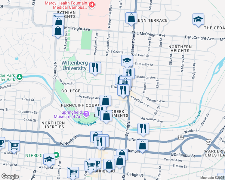 map of restaurants, bars, coffee shops, grocery stores, and more near 46 East Ward Street in Springfield