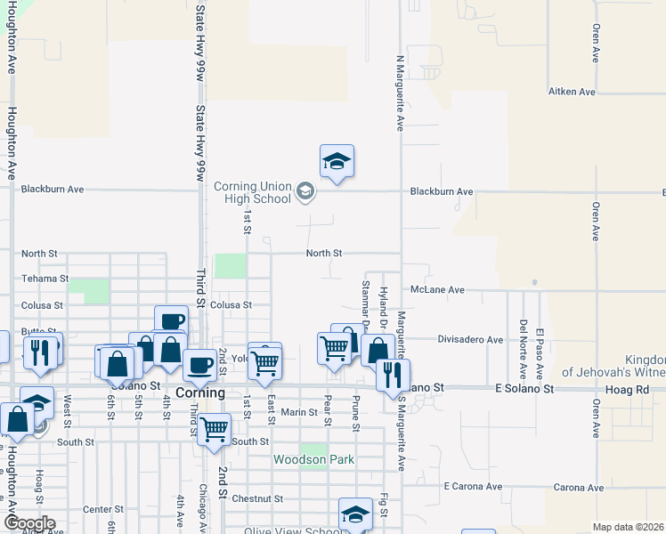 map of restaurants, bars, coffee shops, grocery stores, and more near 577 North Street in Corning