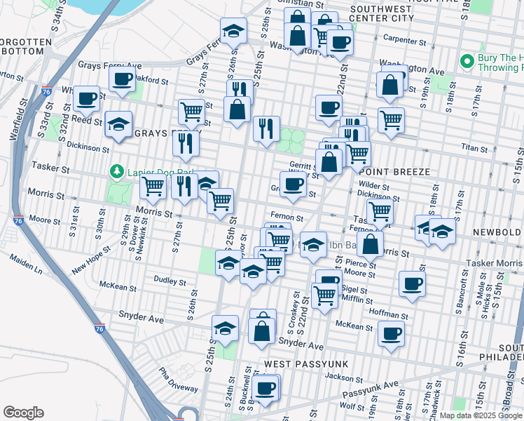 map of restaurants, bars, coffee shops, grocery stores, and more near 1610 South 24th Street in Philadelphia