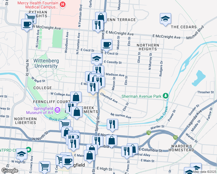 map of restaurants, bars, coffee shops, grocery stores, and more near 235 Stanton Avenue in Springfield