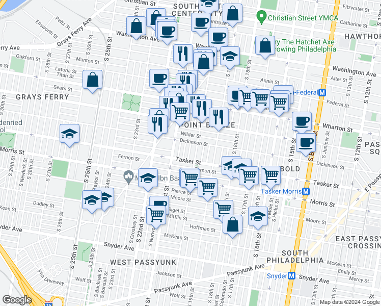 map of restaurants, bars, coffee shops, grocery stores, and more near 1531 South Woodstock Street in Philadelphia