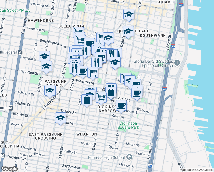 map of restaurants, bars, coffee shops, grocery stores, and more near 528 Wharton Street in Philadelphia